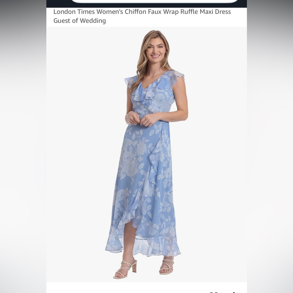 London Times Women SZ 12 Chiffon Faux Wrap Ruffle Maxi Dress Lt Blue